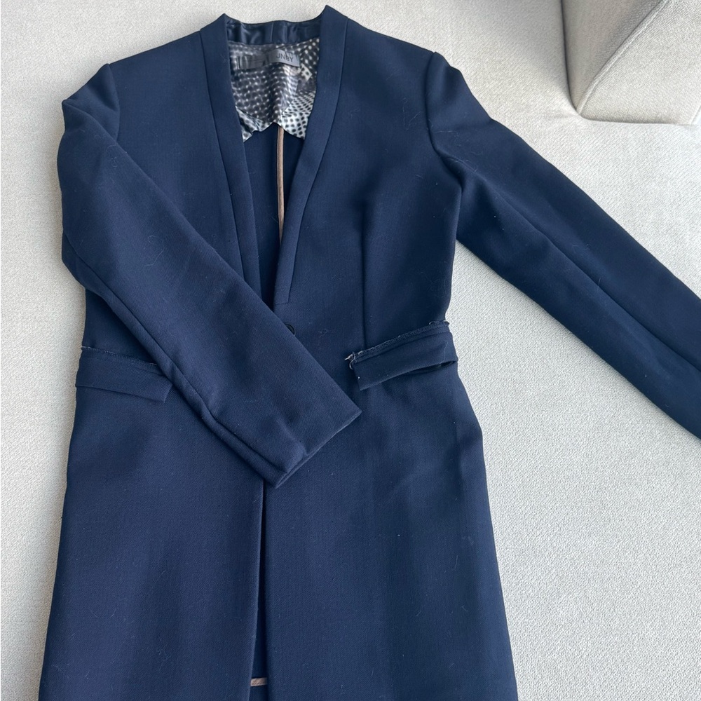 JNBY Navy Blue Wool Blend Collarless Long Blazer Jacket Size S/M